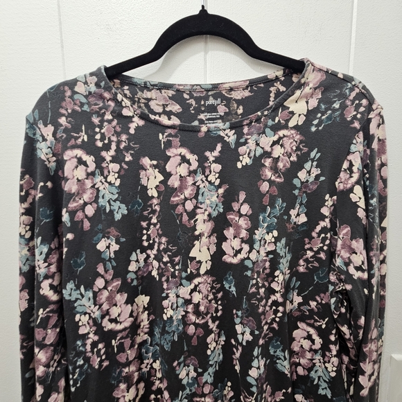 J.Jill Pure Jill Long Sleeve Shirttail Tee PurpleGray Floral Print Women’s Large - Picture 2 of 9